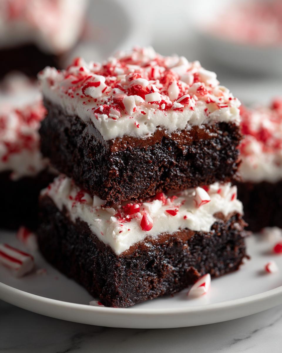 Two stacked, rich chocolate peppermint brownies topped with thick white frosting and crushed candy canes.