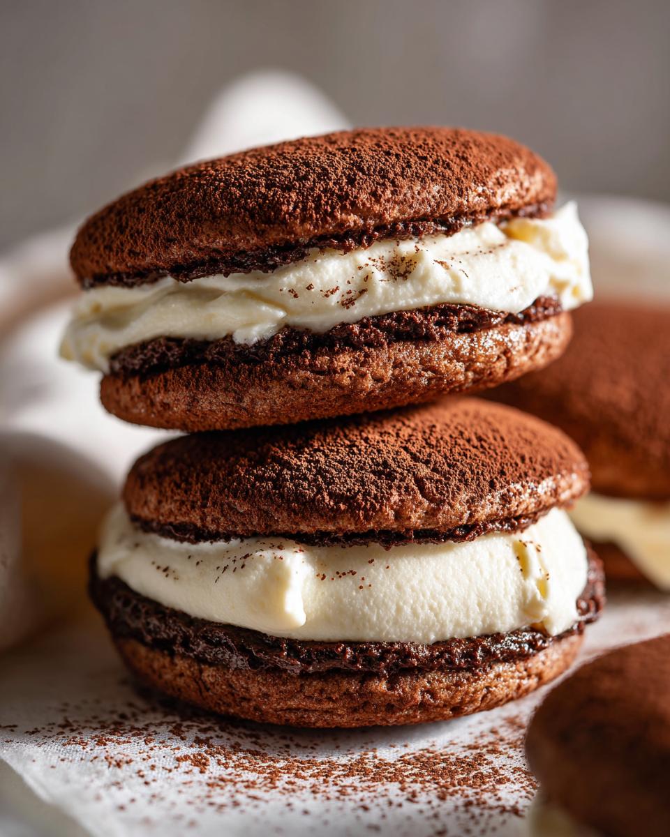 Two stacked, rich chocolate tiramisu cookies filled with thick white cream and dusted heavily with cocoa powder.