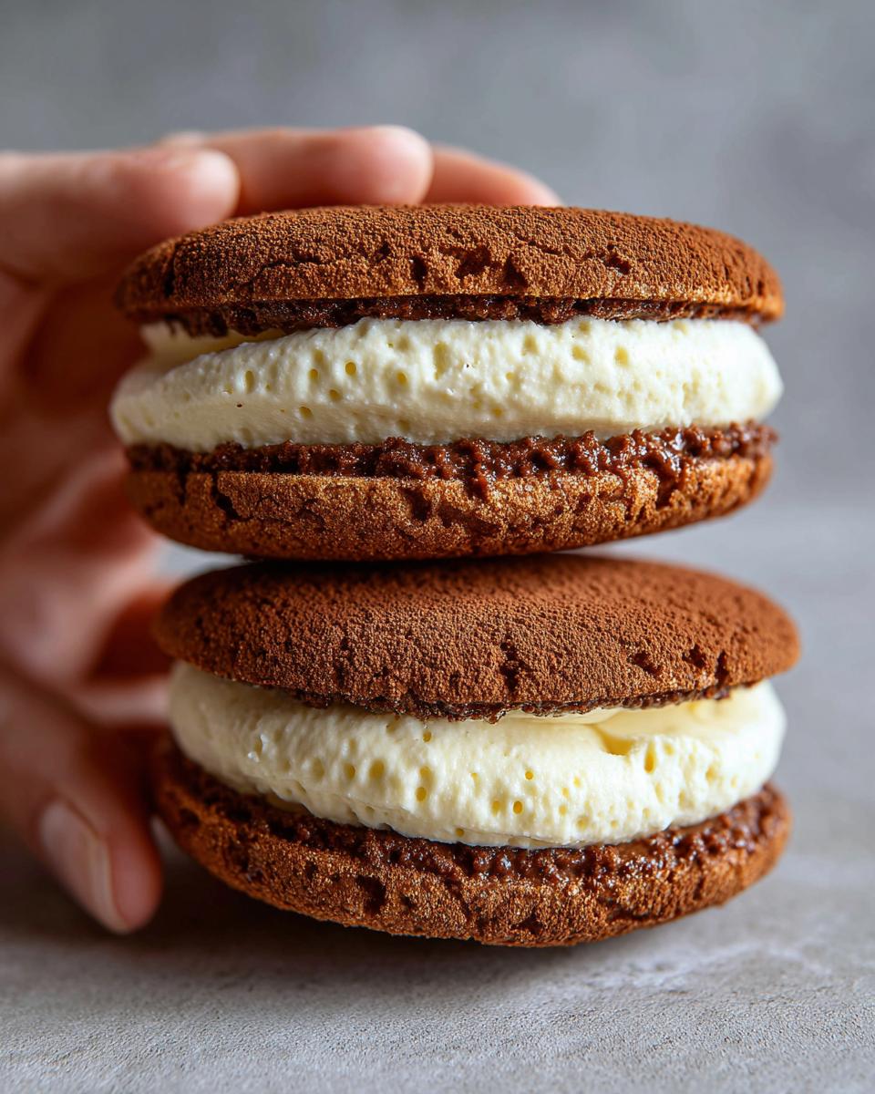 Close-up of two stacked tiramisu cookies featuring dark cocoa shells and thick, creamy mascarpone filling.