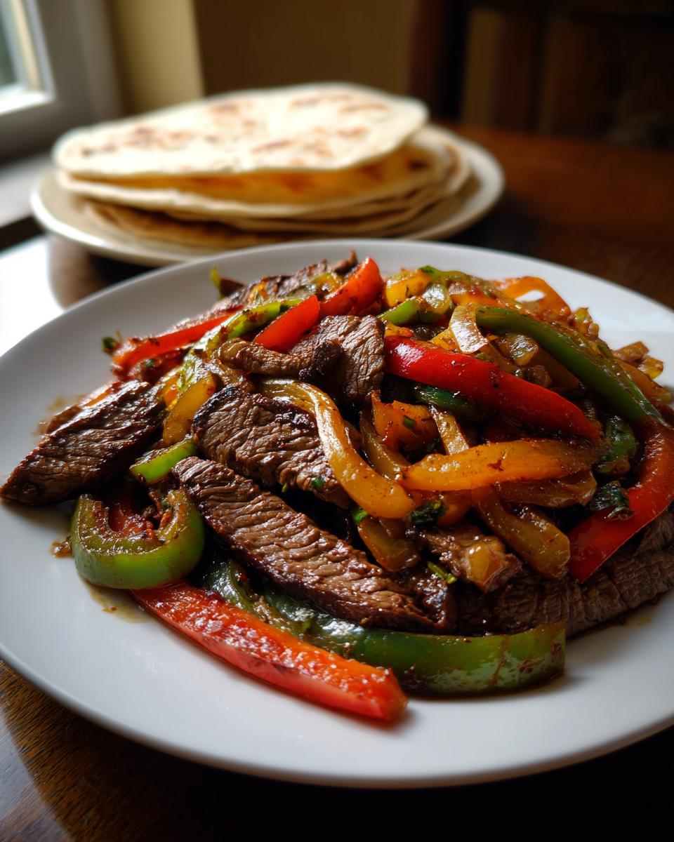 A white plate piled high with sizzling steak fajitas featuring sliced steak, red, green, and yellow bell peppers.