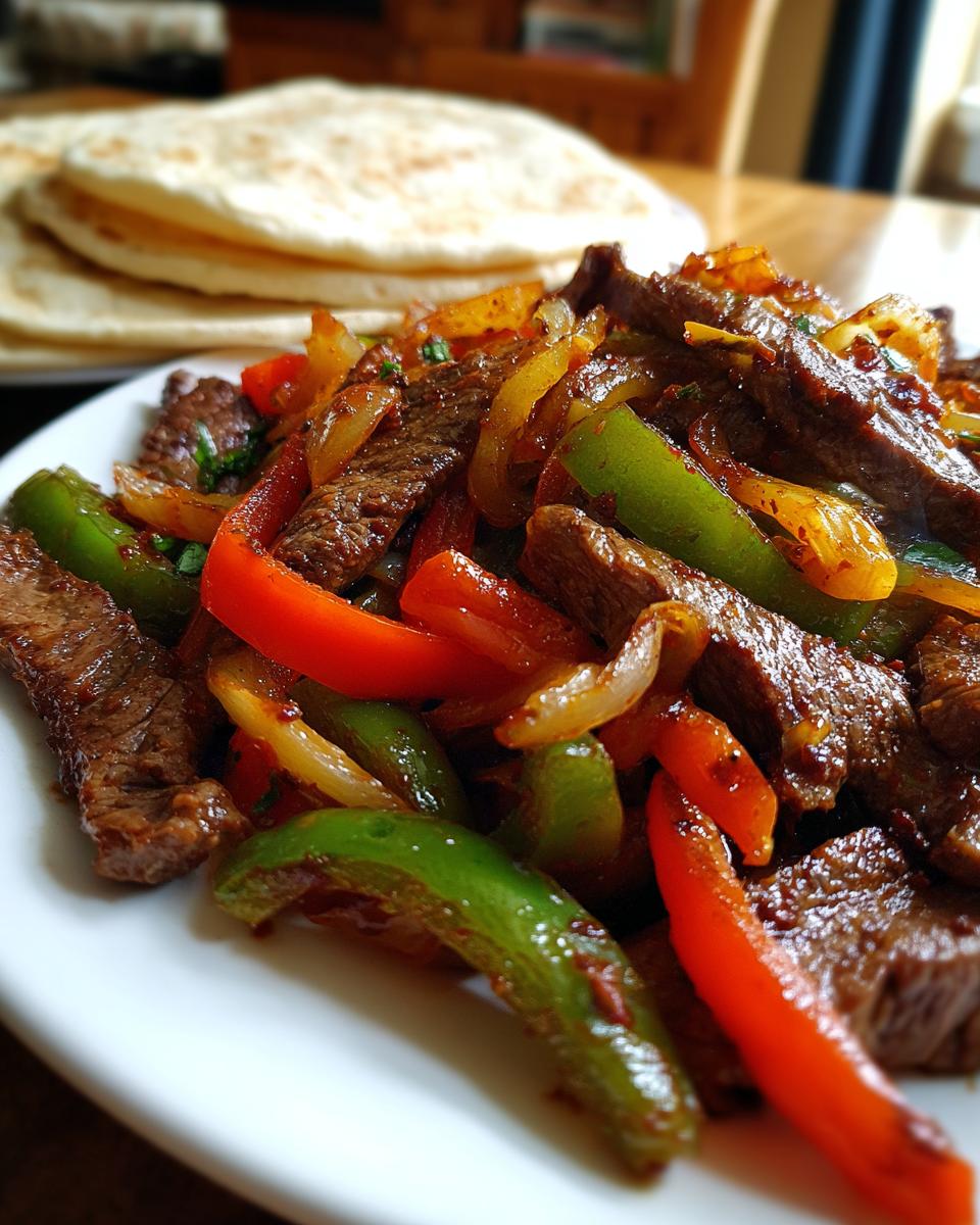 Close-up of sizzling steak fajitas mixed with red, green, and yellow peppers on a white plate, with tortillas stacked in the background.