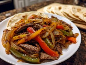 Close-up of sizzling steak fajitas with colorful peppers and onions served on a white plate, ready for tortillas.