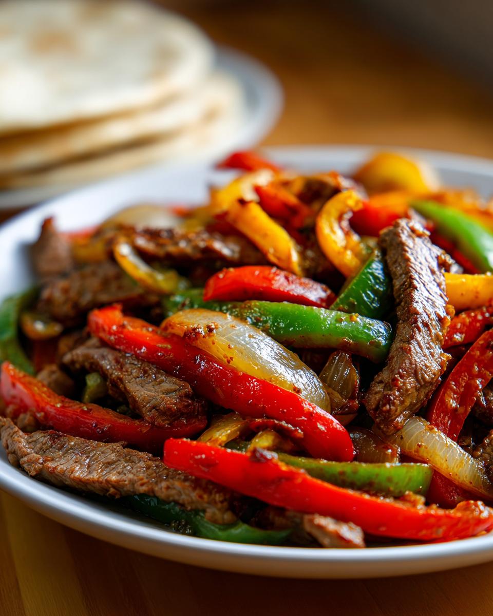 Close-up of vibrant steak fajitas featuring strips of seasoned steak, red, green, and yellow bell peppers, and onions served on a white plate.