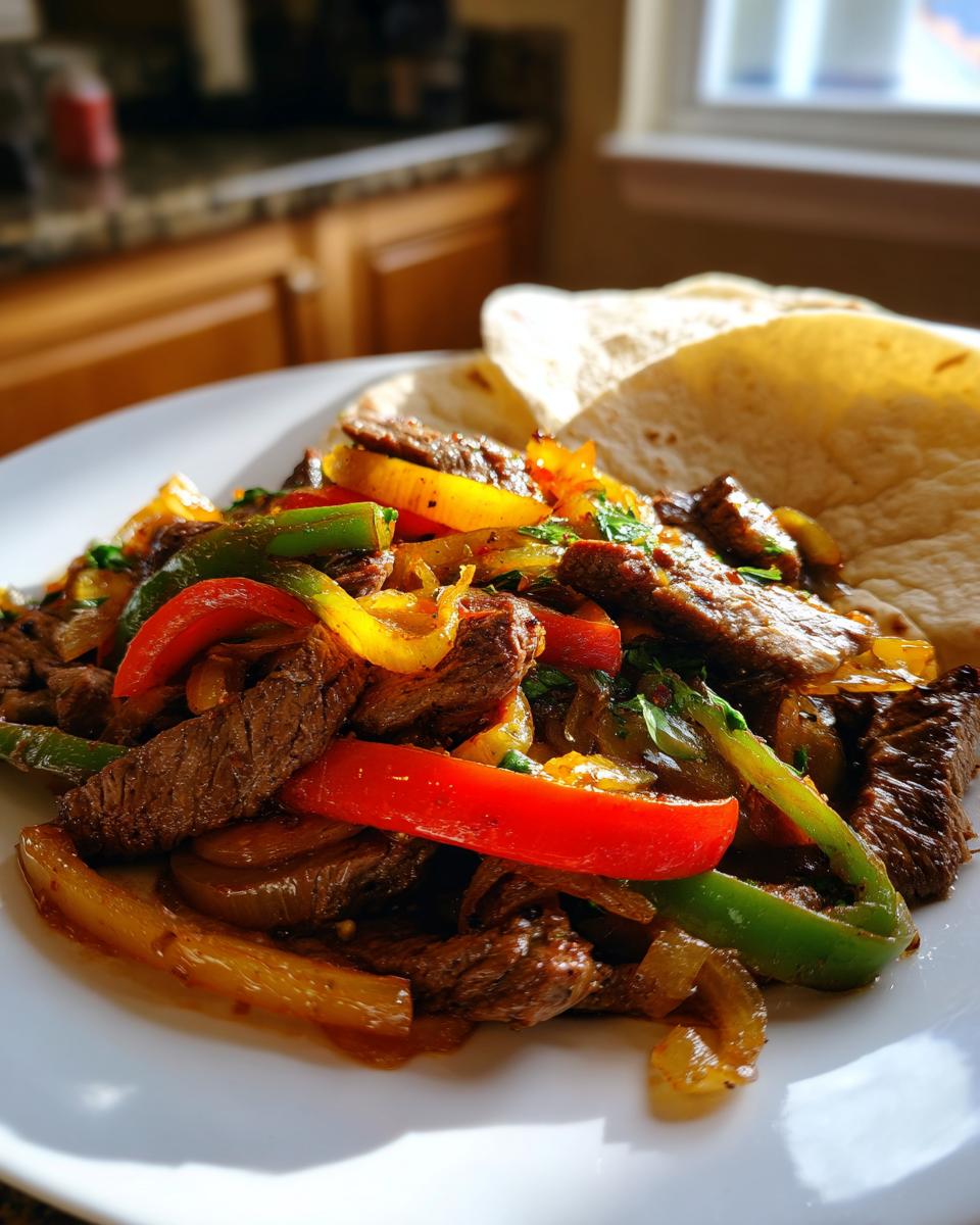 A plate of seasoned steak fajitas mixed with colorful bell peppers and onions, served with warm tortillas.