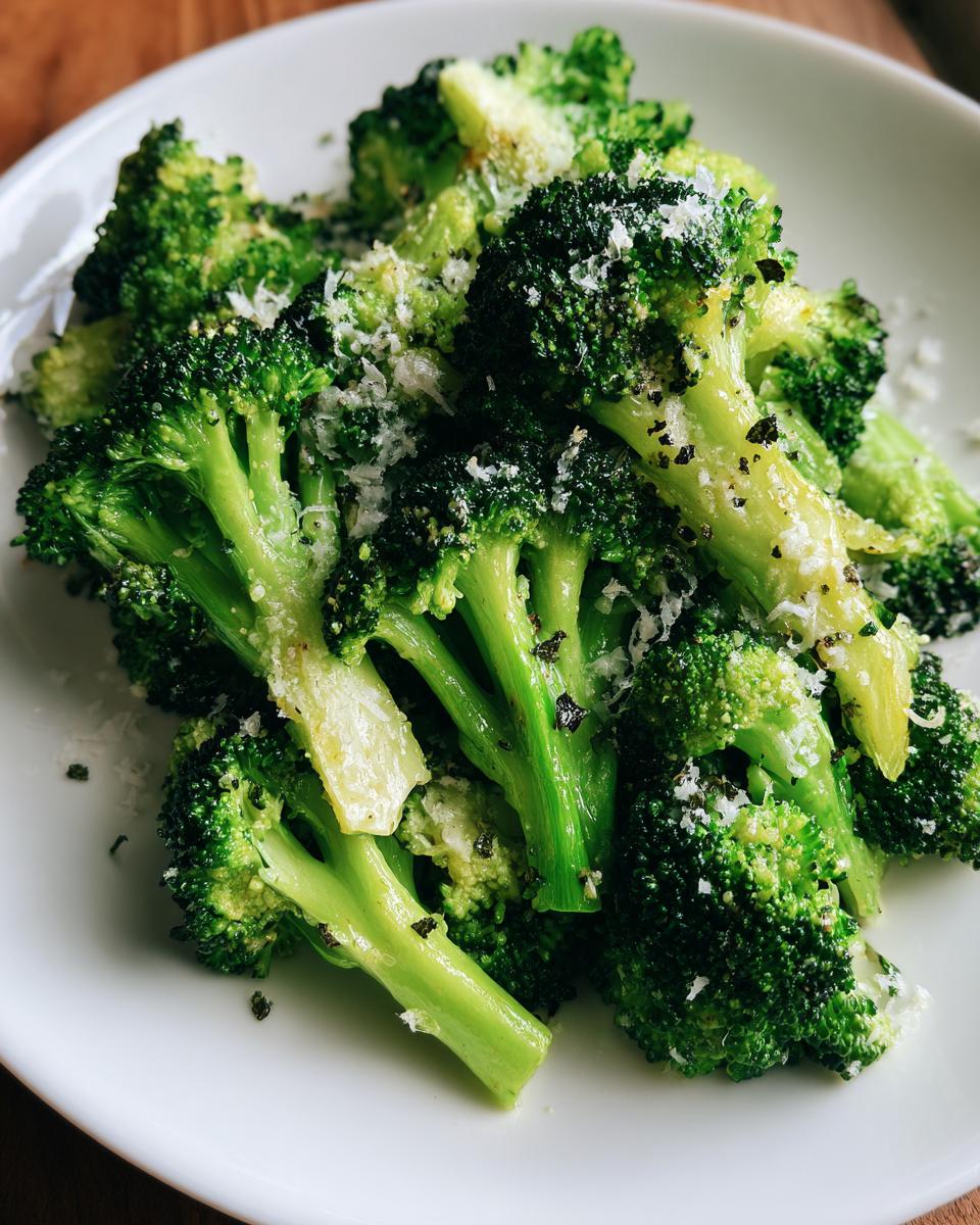 Close-up of bright green steamed broccoli florets topped with grated Parmesan cheese and cracked black pepper.