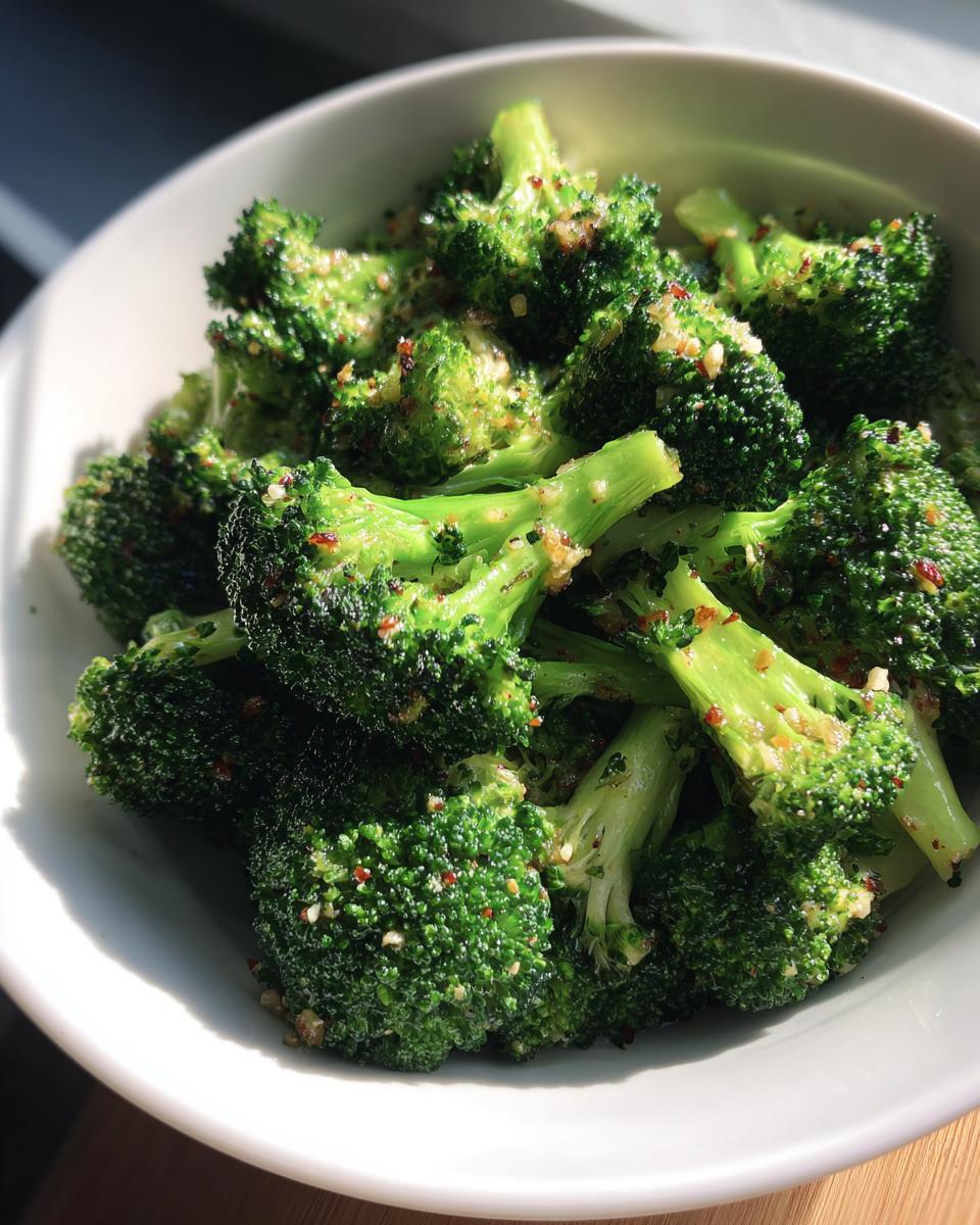 Bright green steamed broccoli florets seasoned with garlic and red pepper flakes in a white bowl.