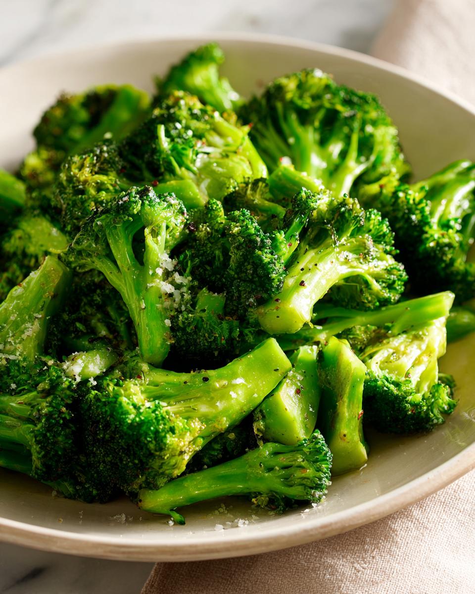 Close-up of bright green steamed broccoli florets seasoned with pepper and salt in a light bowl.