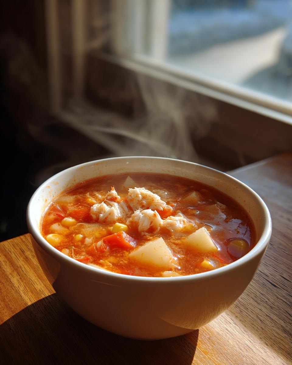 A steaming white bowl filled with rich, tomato-based maryland crab soup, topped with visible chunks of white crab meat.