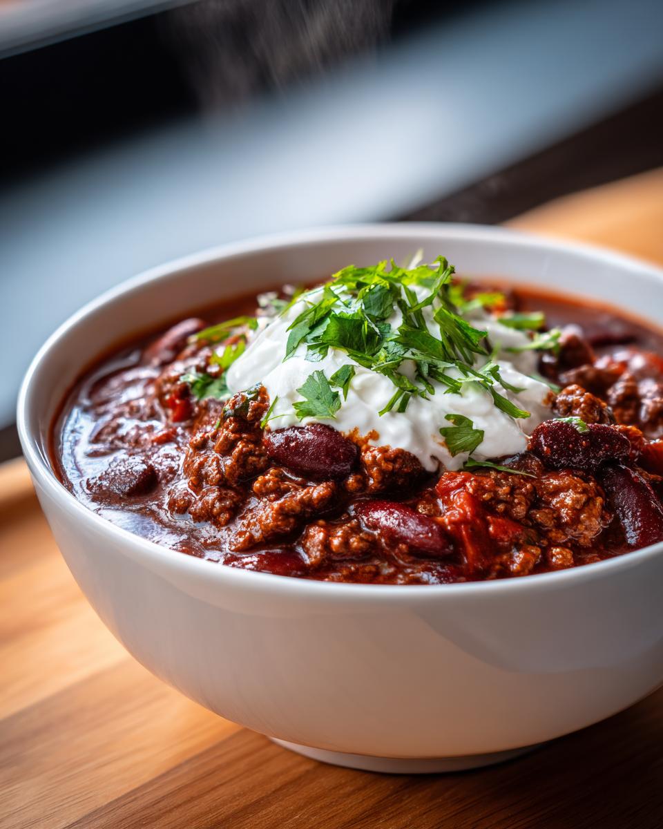 Close-up of a steaming white bowl filled with rich, dark red high protein chili, topped with sour cream and fresh parsley.