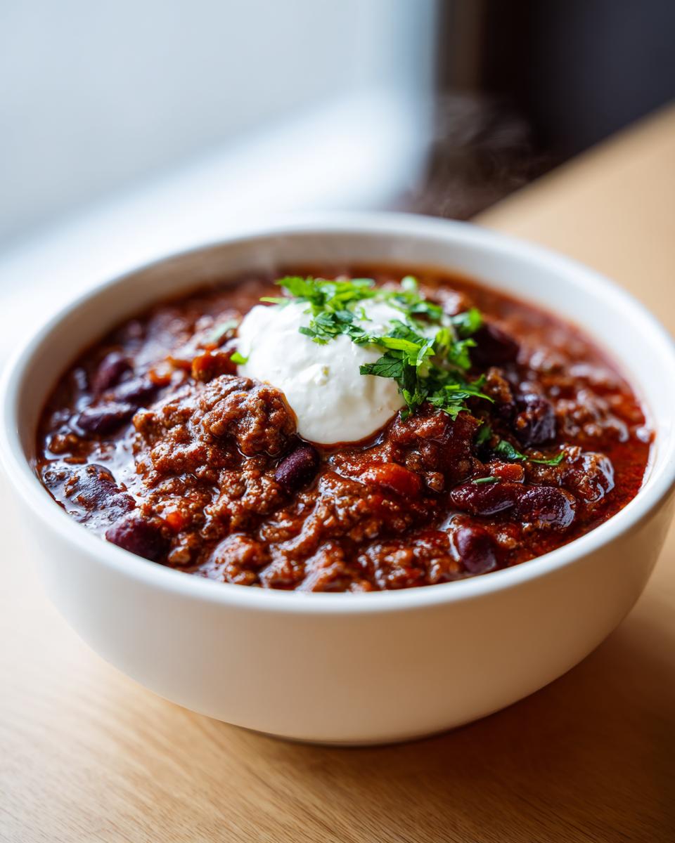 Close-up of a steaming white bowl filled with rich, dark red high protein chili topped with sour cream and fresh parsley.