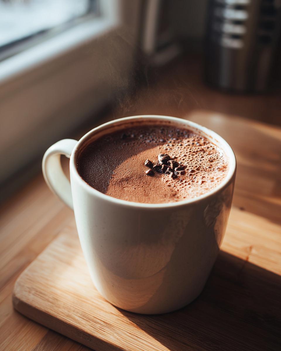 A steaming white mug filled with rich homemade hot cocoa, topped with cacao nibs, sitting on a wooden surface.