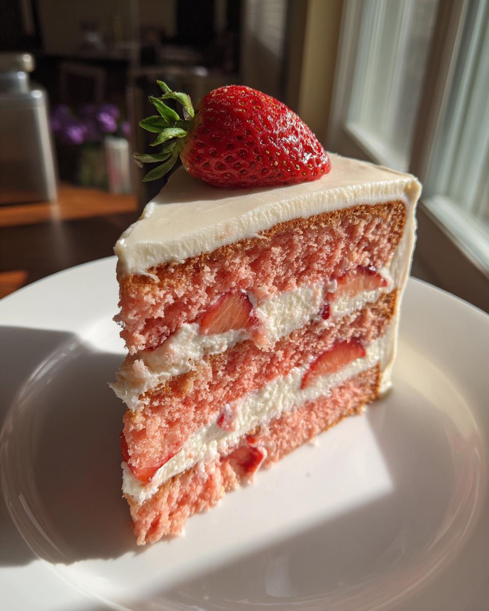 A tall slice of pink strawberry cake layered with white frosting and fresh strawberries, topped with a whole strawberry.