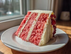 A moist slice of layered strawberry cake with white frosting and visible strawberry pieces on the side.