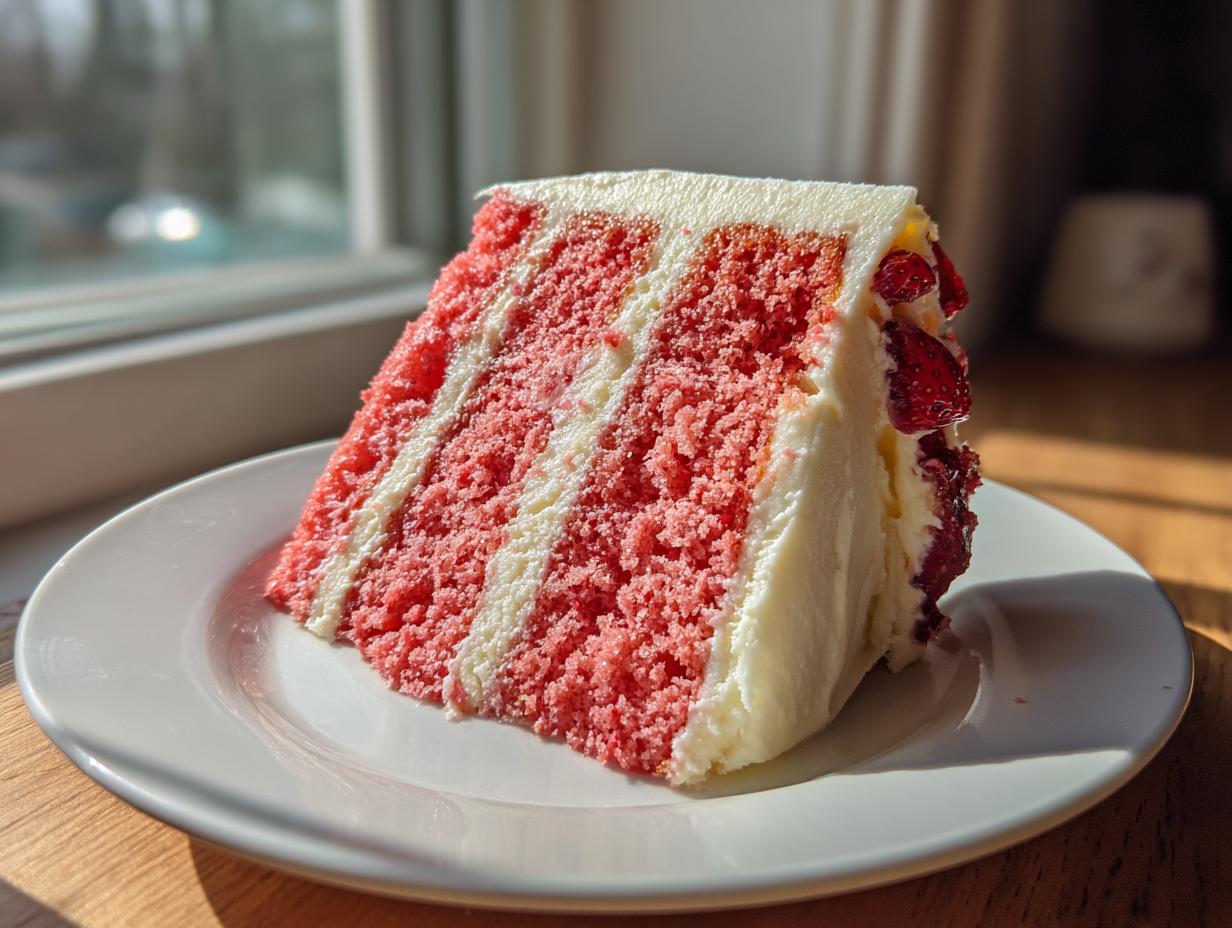 A moist slice of layered strawberry cake with white frosting and visible strawberry pieces on the side.