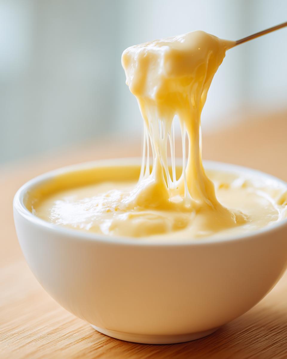 Close-up of incredibly stretchy, melted cheese fondue recipe being lifted from a white bowl on a fondue fork.