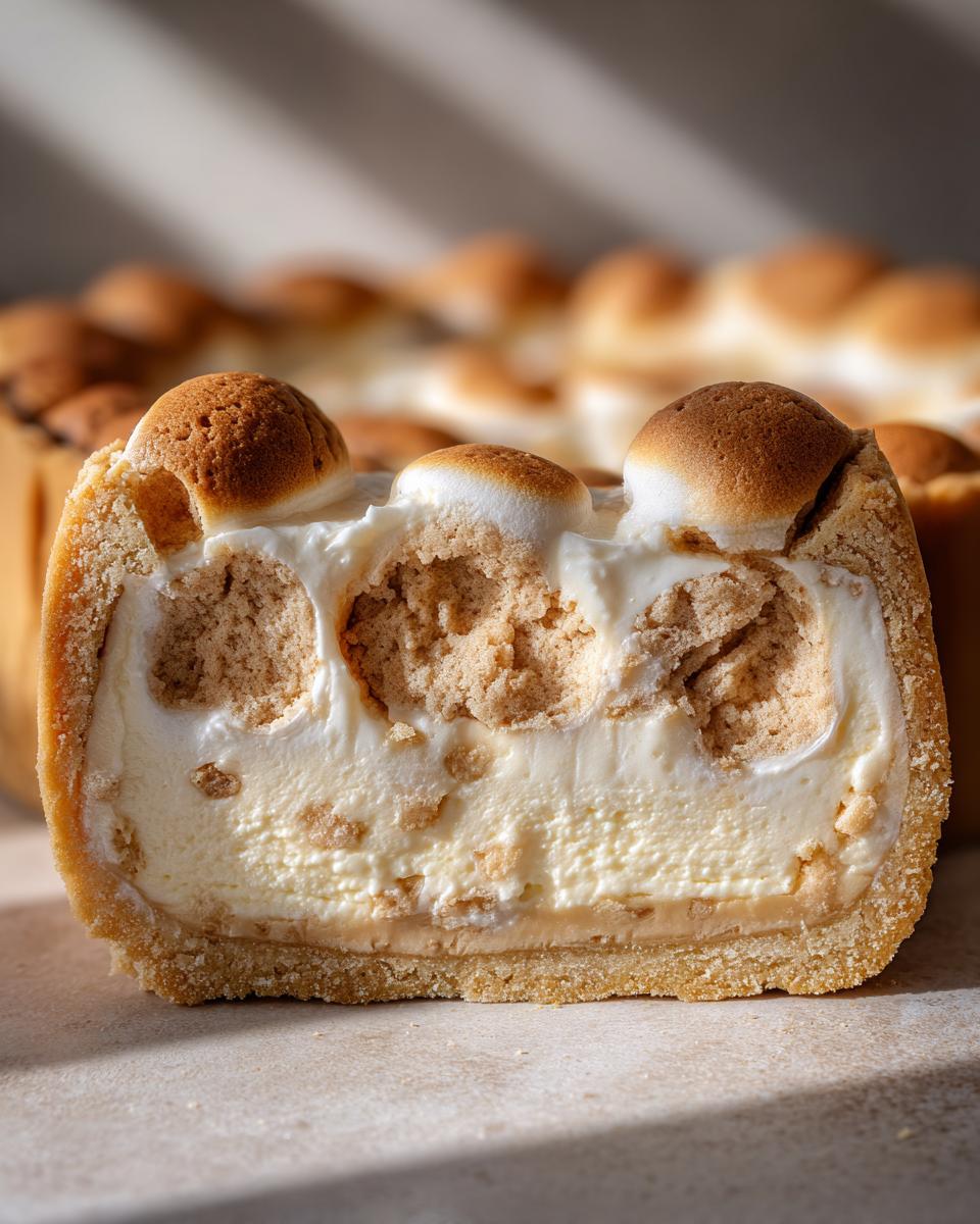 Close-up cross-section of a sugar cookie cheesecake showing the crust, creamy filling, and chunks of cookie mixed with marshmallow topping.
