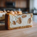 Close-up of a slice of sugar cookie cheesecake showing chunks of sugar cookies embedded in the creamy filling.