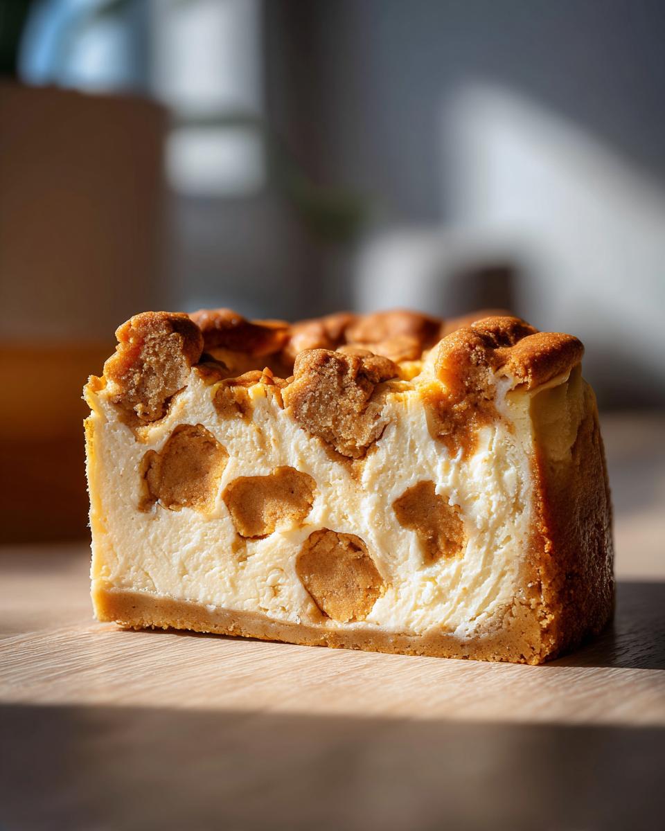A close-up slice of sugar cookie cheesecake showing creamy filling studded with chunks of sugar cookie dough.