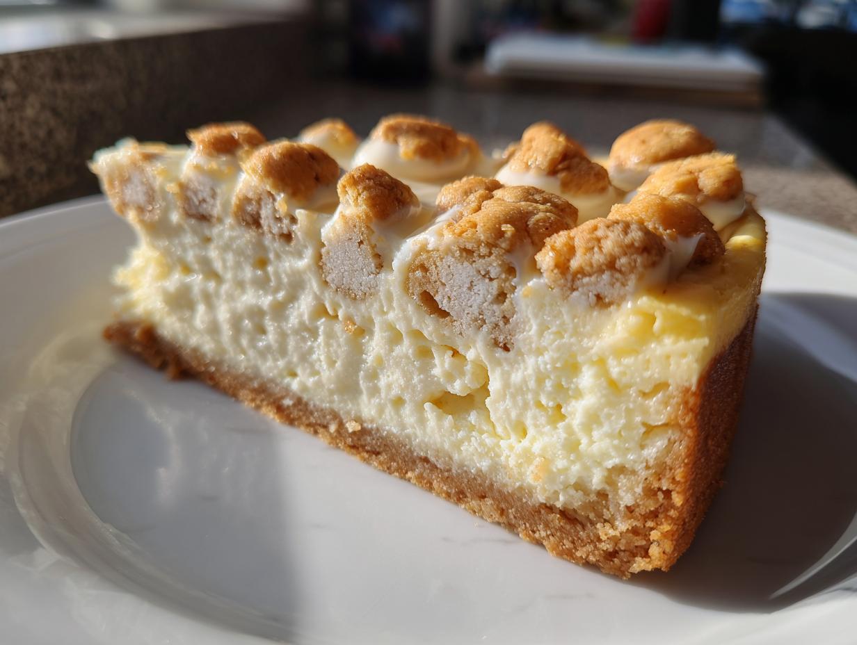 Close-up of a rich slice of sugar cookie cheesecake featuring a thick graham cracker crust and crumbled sugar cookie topping.