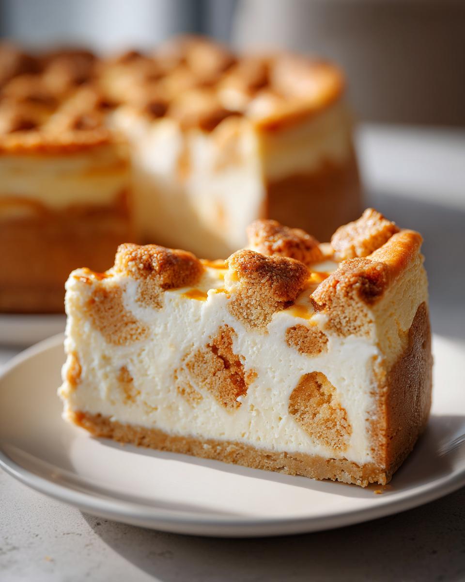 A close-up slice of sugar cookie cheesecake featuring chunks of sugar cookie mixed into the creamy filling, sitting on a white plate.
