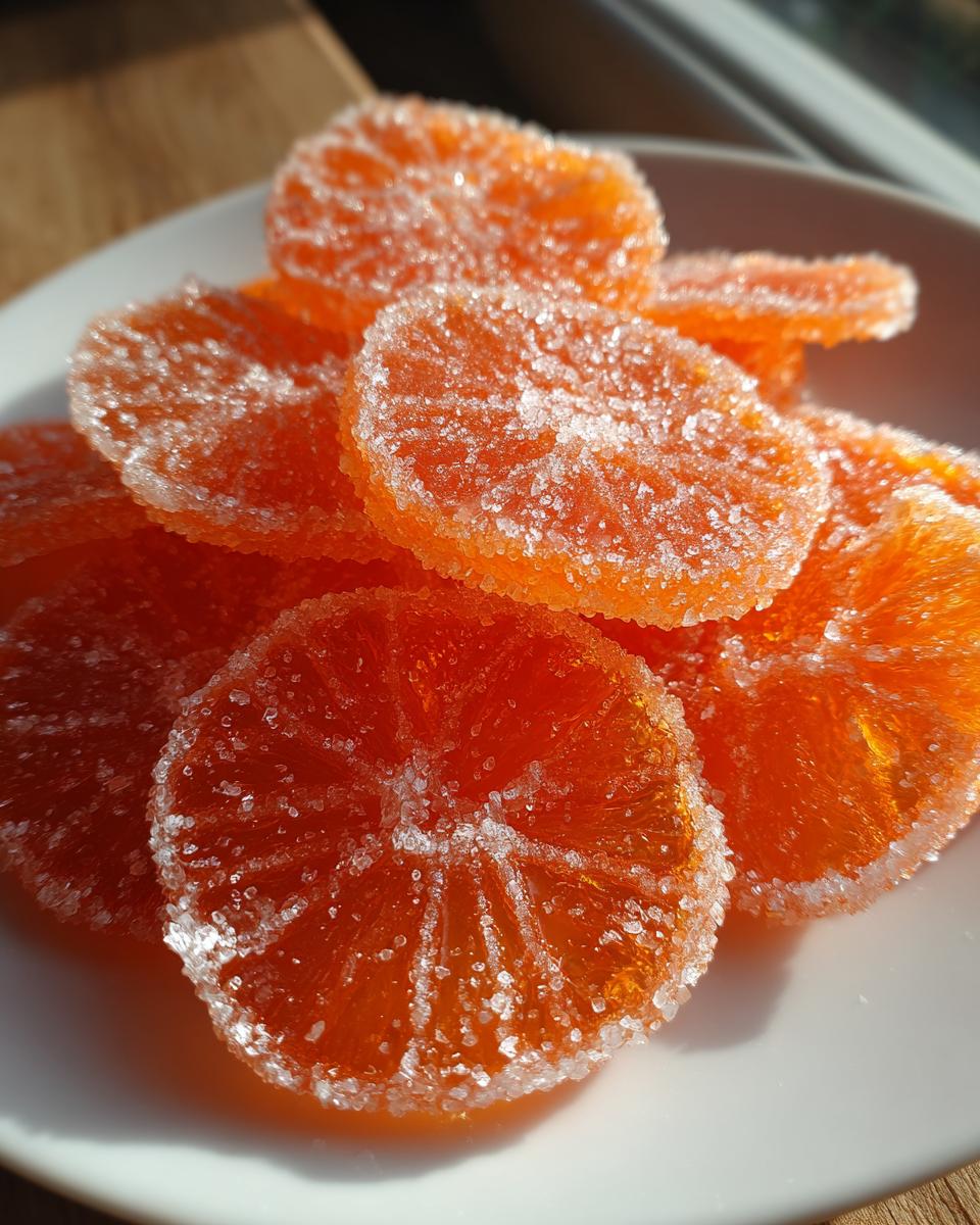 Close-up of bright orange, glistening candied orange slices heavily coated in sparkling sugar crystals.