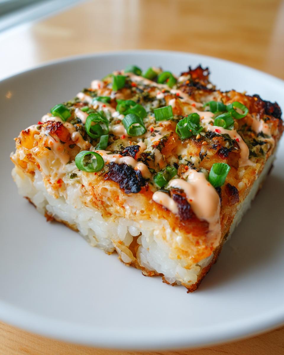 A square slice of baked sushi bake showing layers of rice, creamy topping, and fresh green onions.