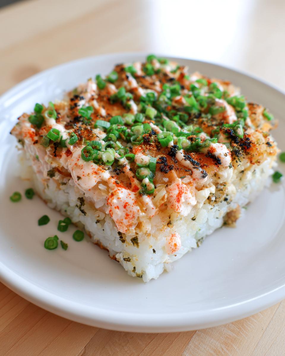 A square slice of baked sushi topped with creamy sauce, furikake, and fresh green onions on a white plate.
