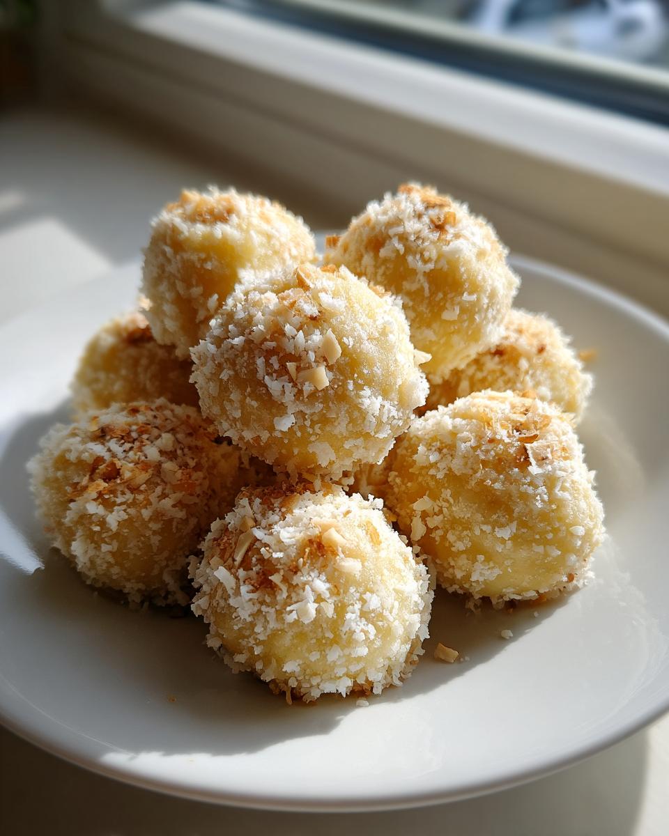 A stack of sweet, round potato dumplings coated in toasted coconut flakes, served on a white plate.