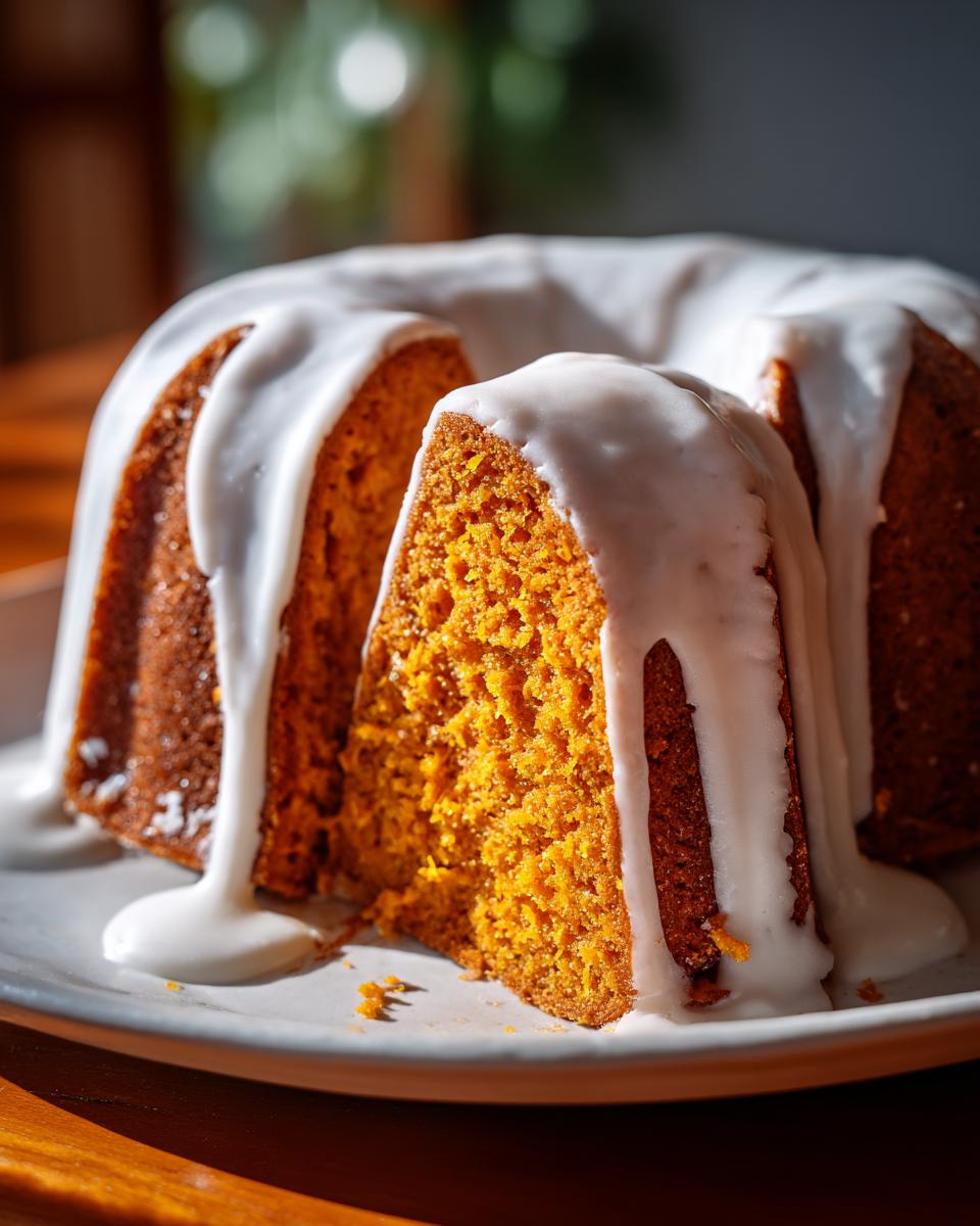 Close-up of a slice cut from a sweet potato pound cake, generously covered in white vanilla glaze.