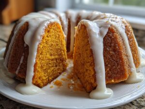 A rich, orange-hued sweet potato pound cake with a slice cut out, topped with thick white glaze dripping down the sides.