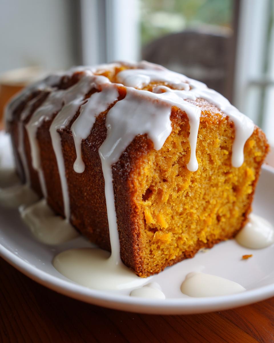 A moist, orange-hued sweet potato pound cake loaf drizzled heavily with white vanilla glaze.
