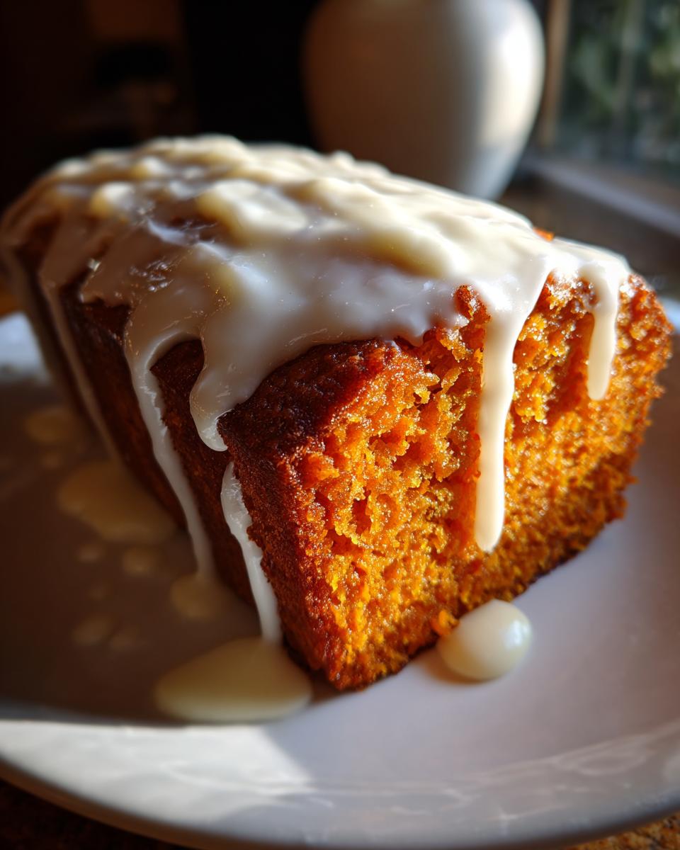 Close-up of a slice of rich, orange sweet potato pound cake topped with thick white vanilla glaze.