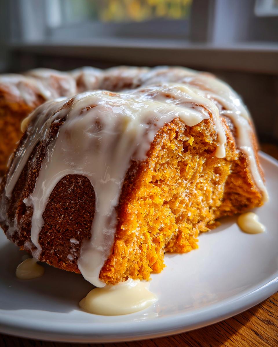 A slice of vibrant orange sweet potato pound cake covered in thick vanilla glaze, sitting on a white plate.