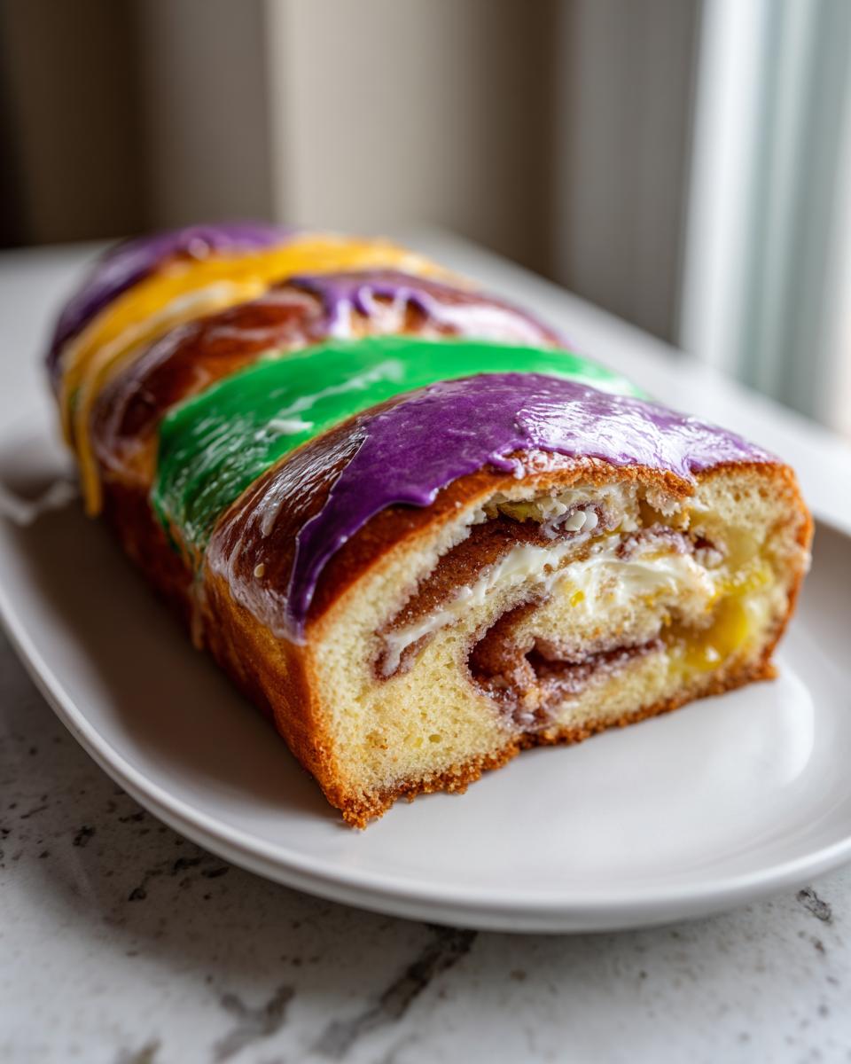 Cross-section of a swirl king cake loaf showing cream cheese filling and topped with purple, green, and yellow Mardi Gras icing.