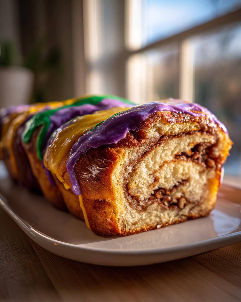 A slice of homemade king cake showing the cinnamon swirl filling and topped with purple, green, and gold icing.