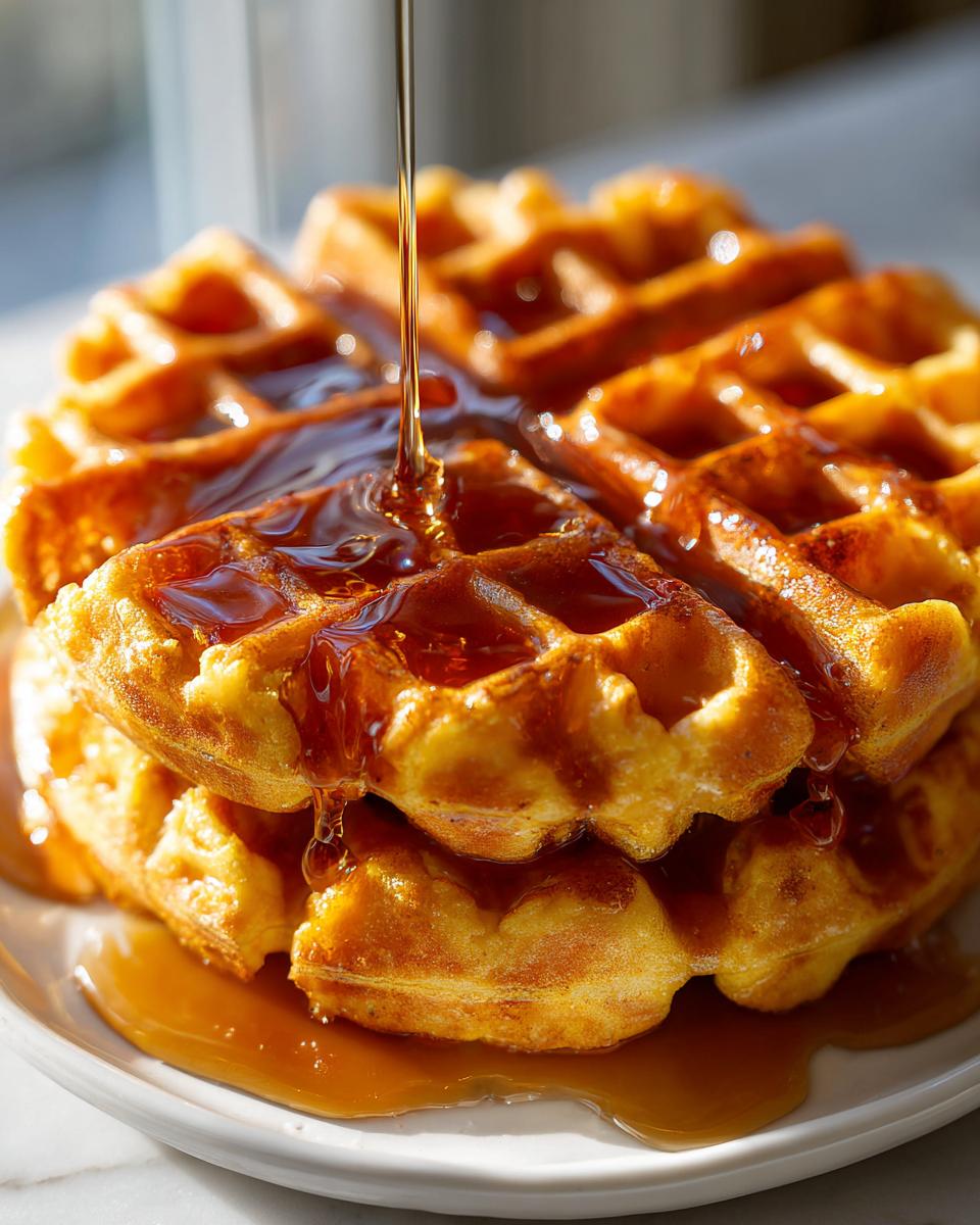 Close-up of a stack of golden pumpkin waffles being drizzled generously with maple syrup.