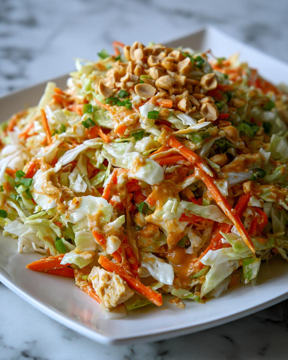 Close-up of a vibrant thai chicken salad featuring shredded cabbage, carrots, peanut dressing, and chopped peanuts.