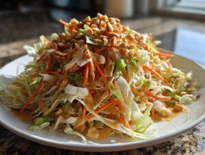 A vibrant mound of shredded cabbage and carrots topped with peanut dressing and chopped peanuts, representing a delicious thai chicken salad.