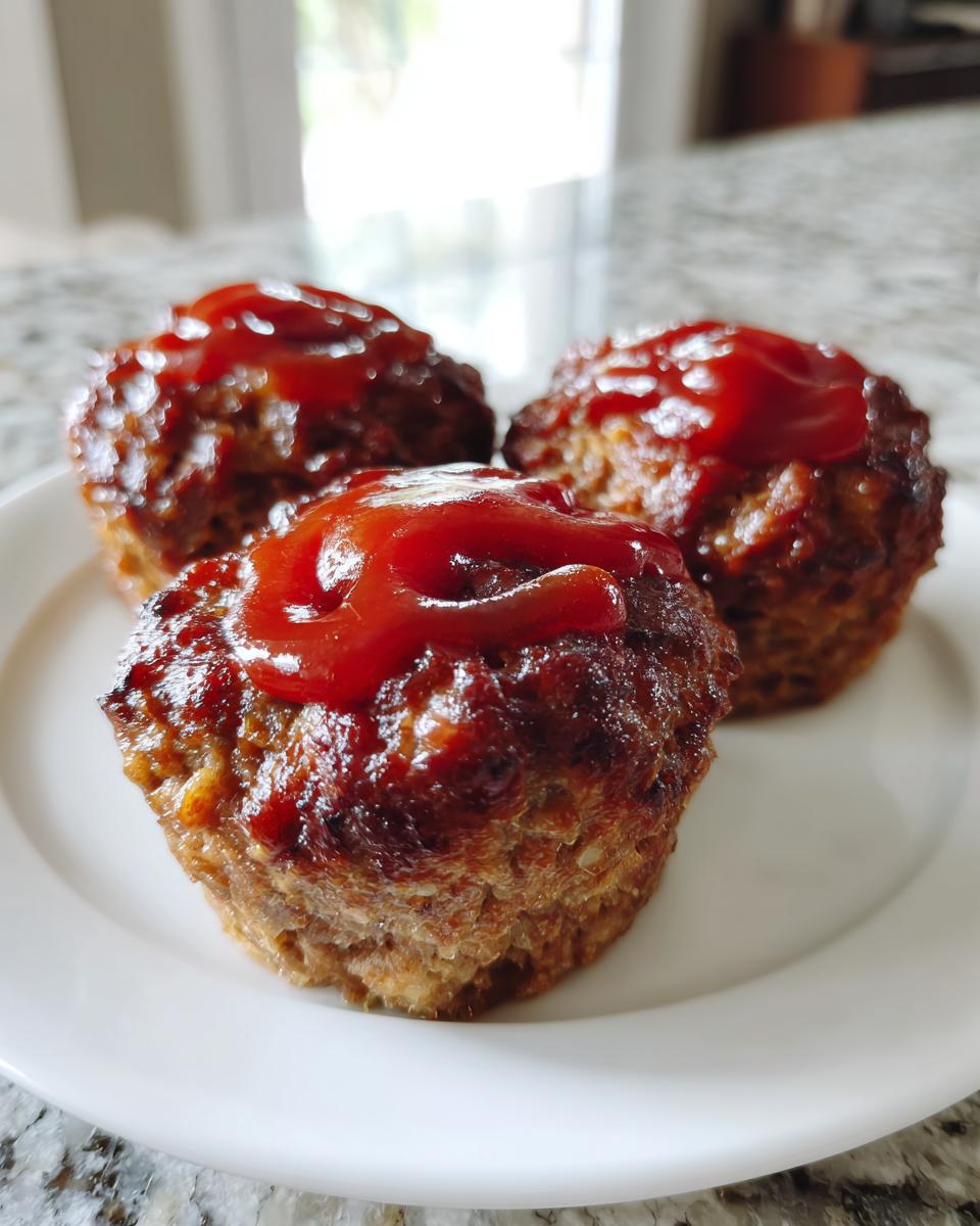 Three perfectly baked mini meatloaf portions topped with a dollop of shiny red ketchup glaze, served on a white plate.