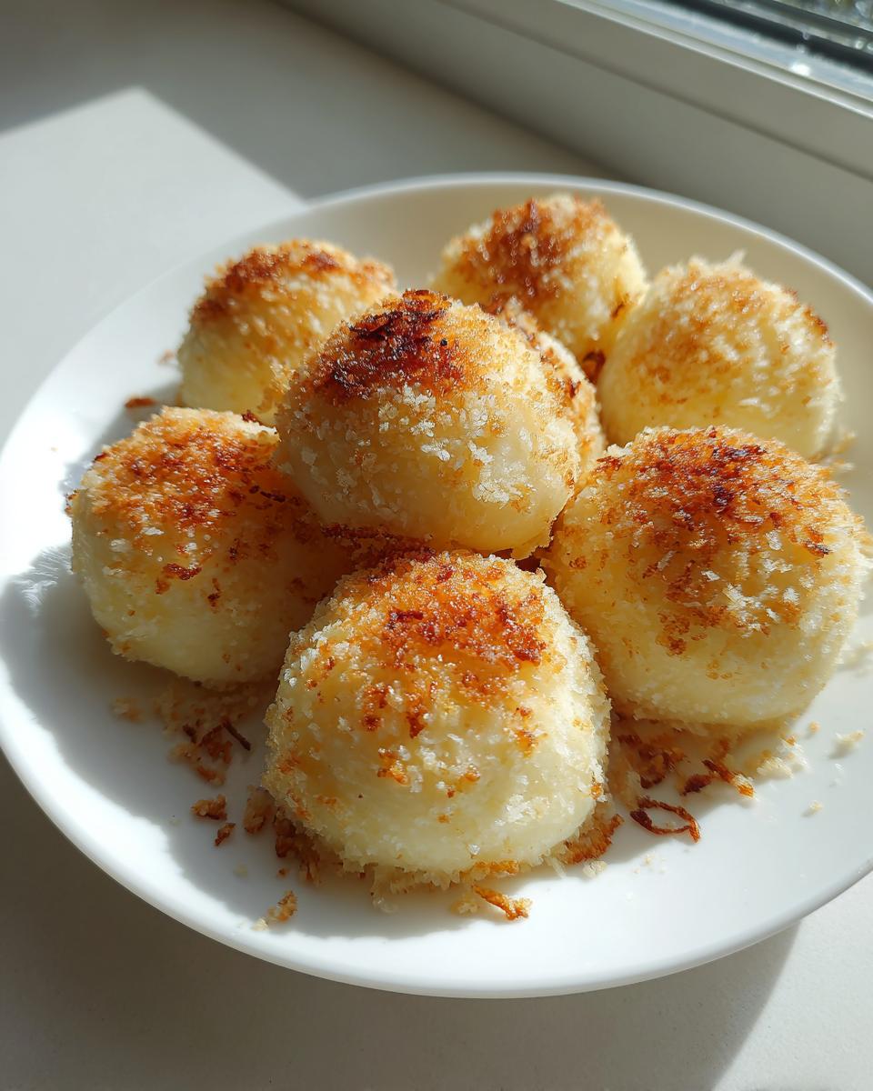 Close-up of several golden potato dumplings rolled in toasted breadcrumbs, served on a white plate.