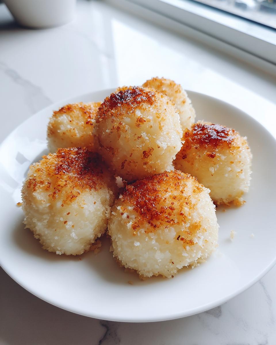 A close-up of several golden-brown, toasted potato dumplings served on a white plate.