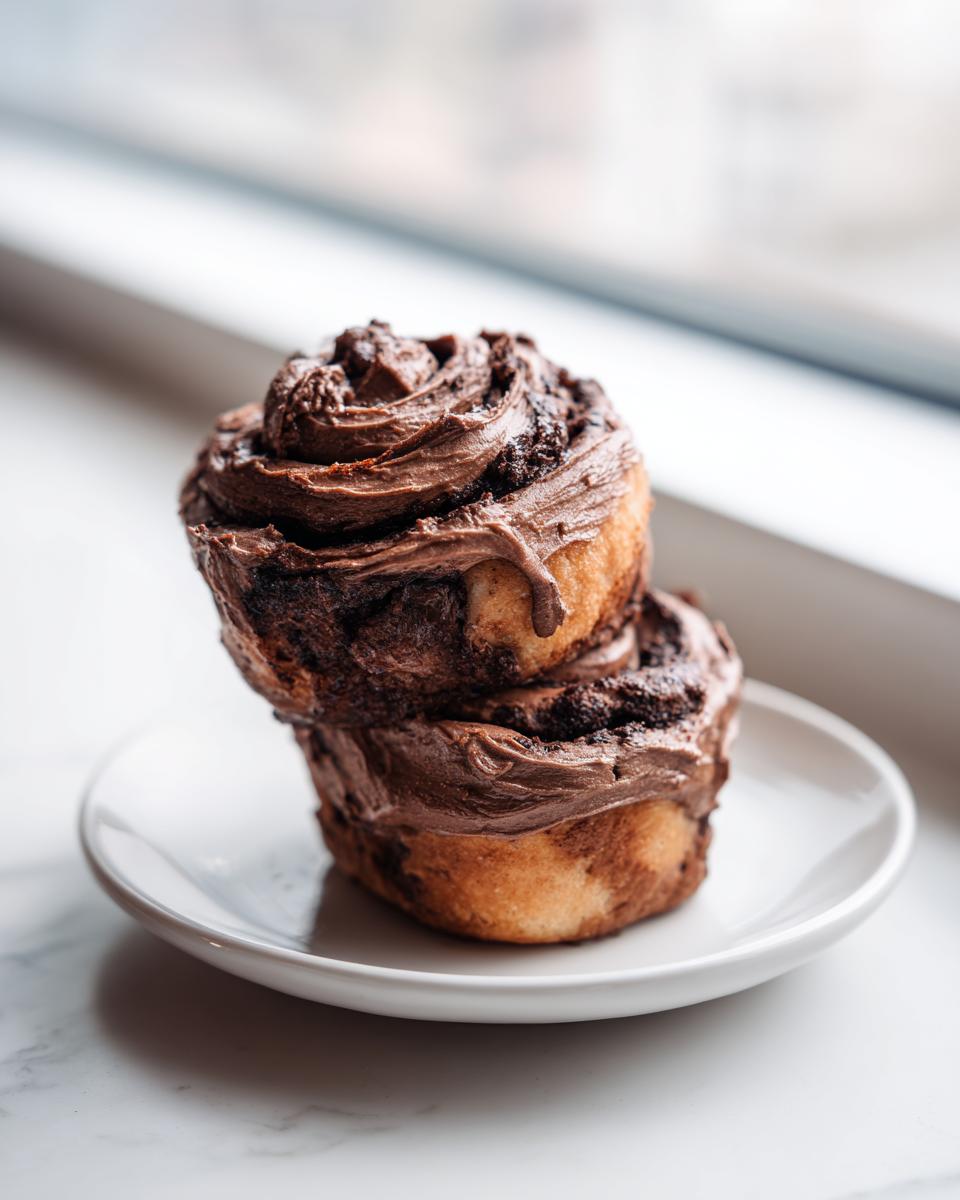 Two rich chocolate cinnamon rolls stacked on a small white plate, heavily frosted with chocolate icing.