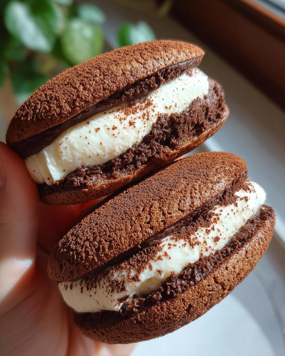 Close-up of two decadent tiramisu cookies held in hand, featuring dark cocoa shells and thick white mascarpone cream filling.