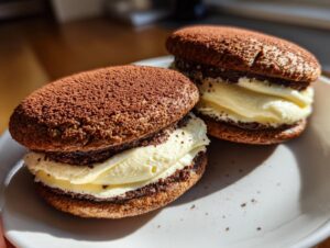 Two decadent tiramisu cookies filled with thick cream and dusted heavily with cocoa powder.