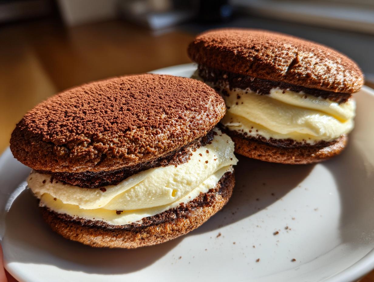 Two decadent tiramisu cookies filled with thick cream and dusted heavily with cocoa powder.