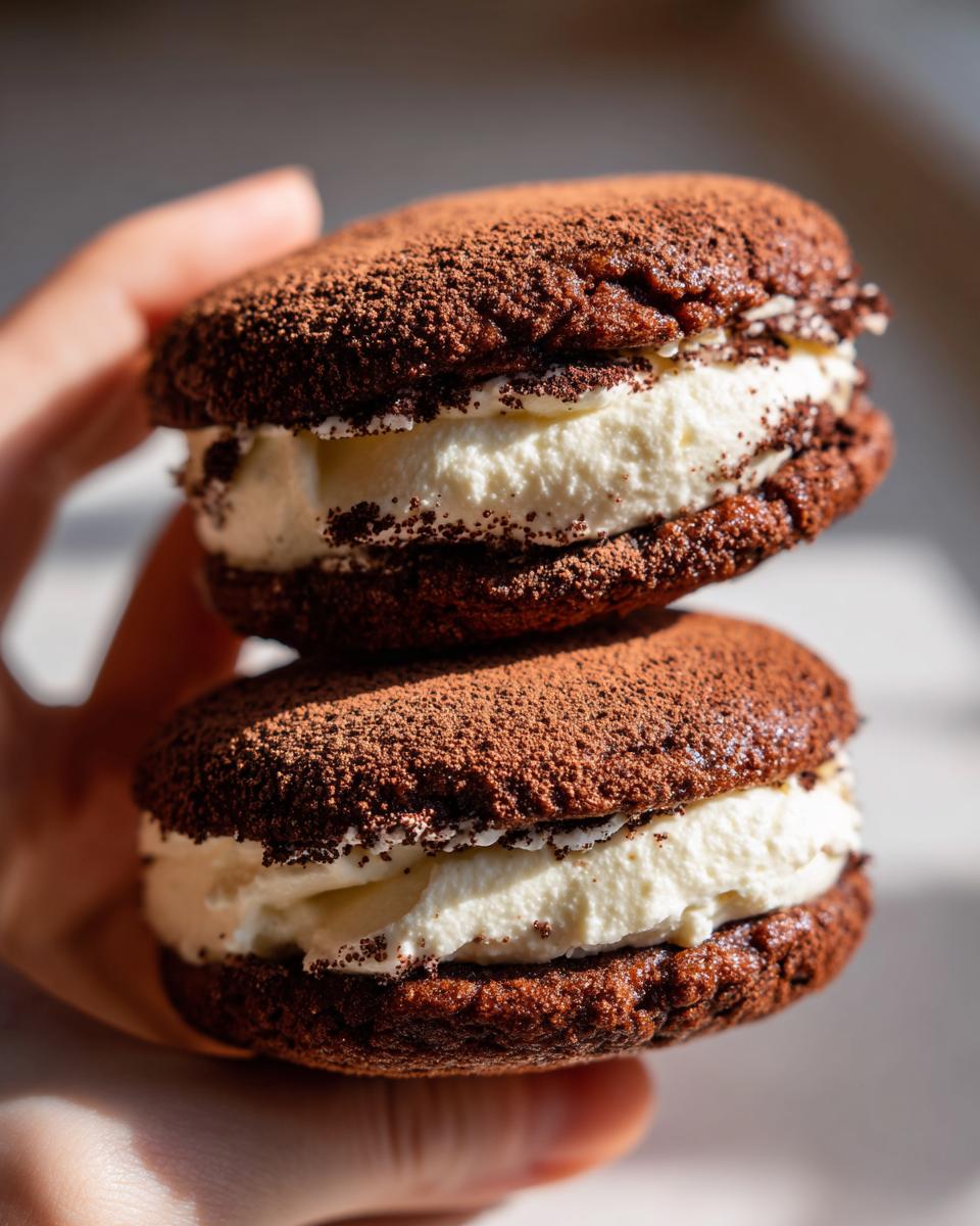 Two decadent, chocolate tiramisu cookies filled with creamy mascarpone filling, dusted heavily with cocoa powder.