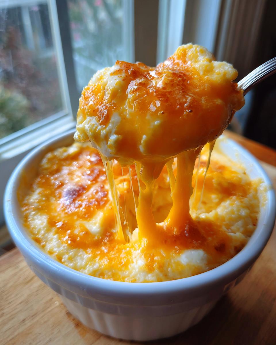 A spoonful of creamy, baked cheese grits shows incredible cheese pull against a bright window background.