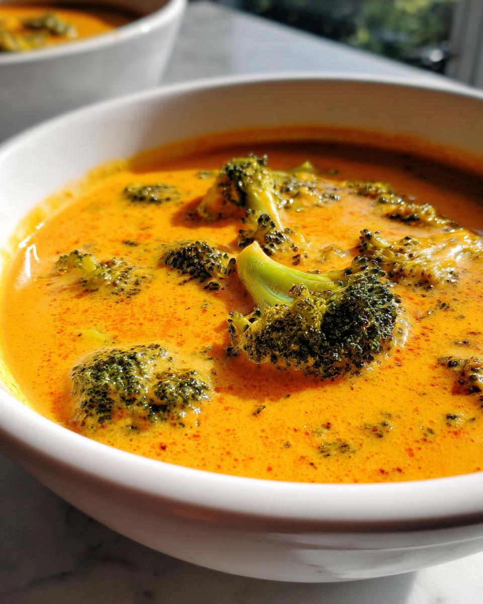Close-up of a vibrant orange-yellow bowl of broccoli cheddar soup with visible florets.
