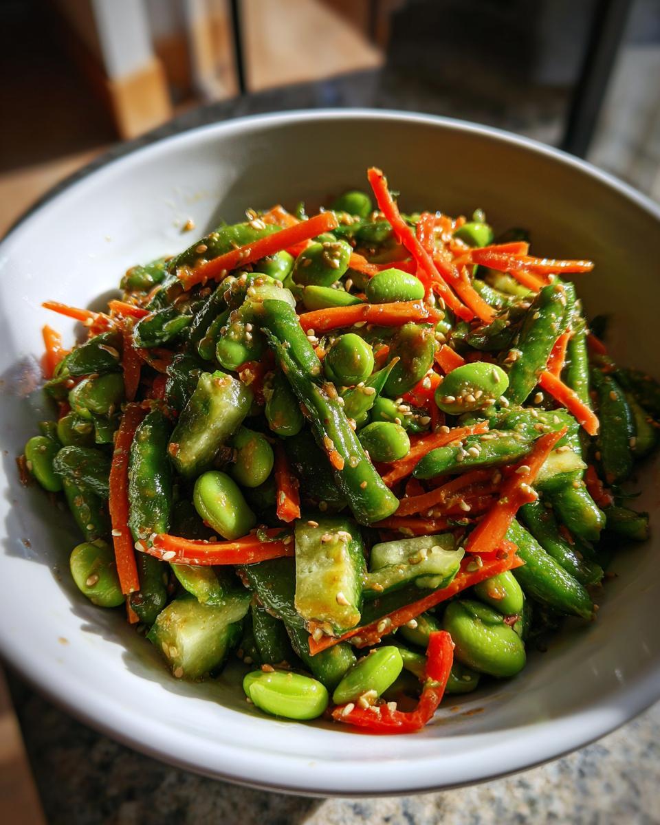 Close-up of a vibrant edamame salad featuring bright green edamame, julienned carrots, and cucumber pieces, topped with sesame seeds.
