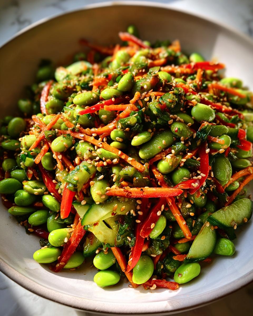 Close-up of a vibrant edamame salad featuring bright green edamame, julienned carrots, cucumber slices, and sesame seeds.